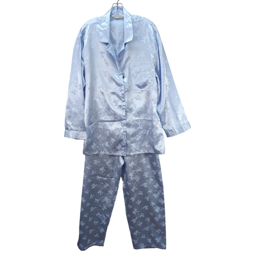 Kaye Jones Women's Bow Tie Satin Pajama Set Size 18 Blue Sleepwear Loungewear